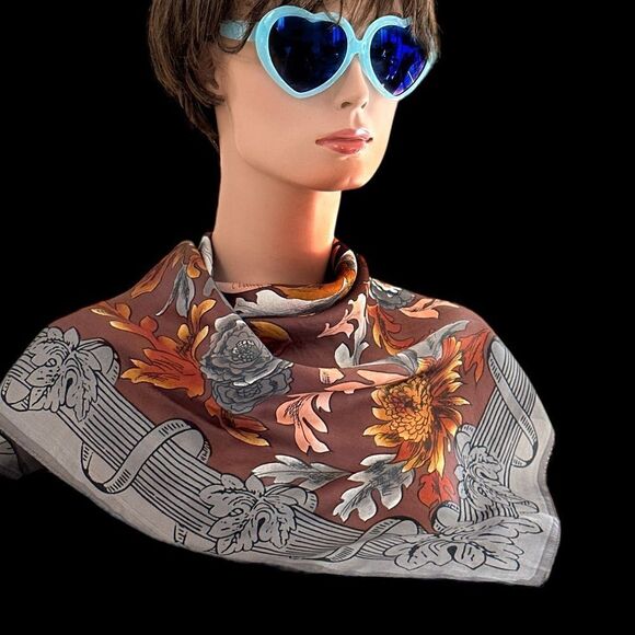 Grey brown rust fall leaf silk square 29” scarf by Laura Geraldi - Picture 6 of 7